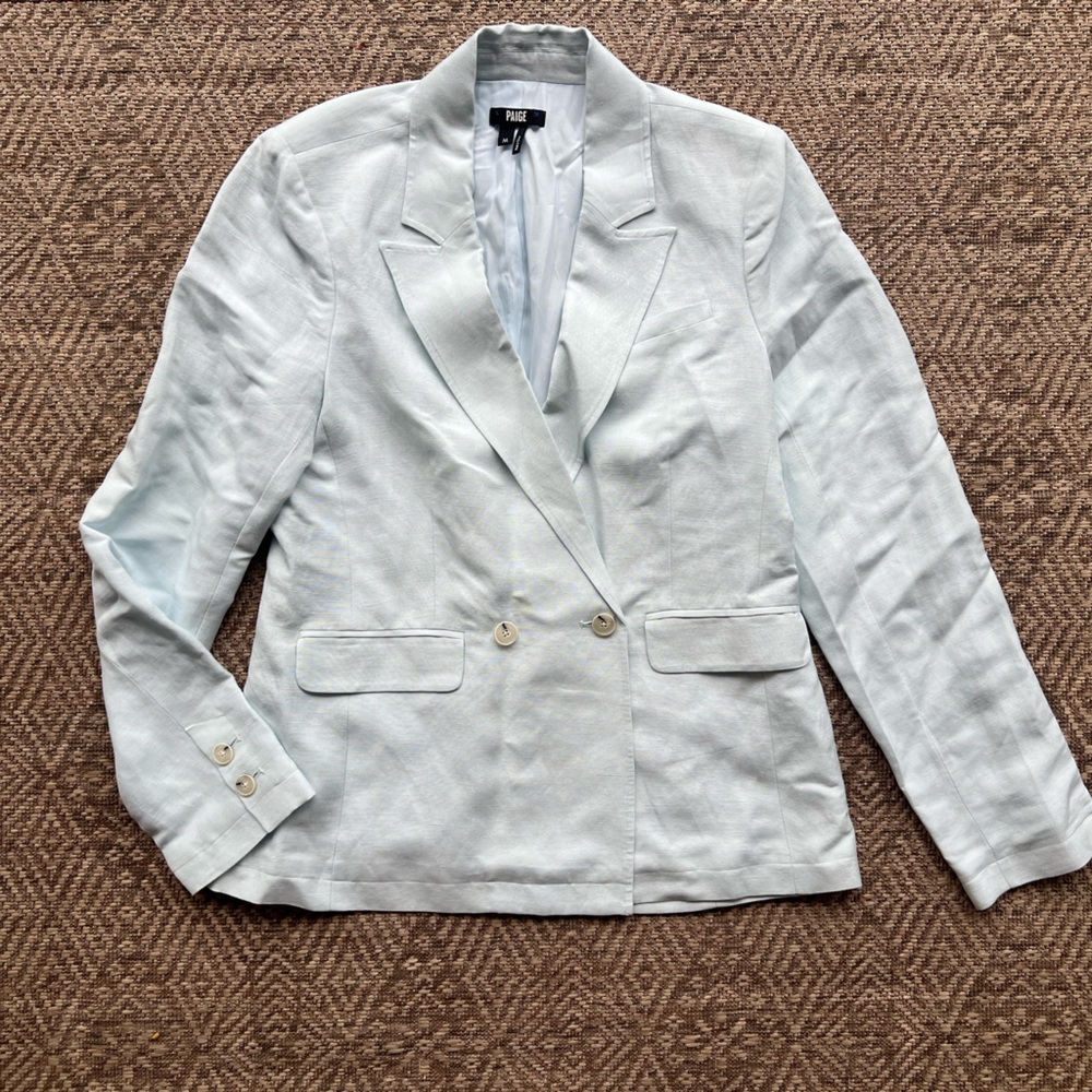 NWOT Paige Denim‎ Women's Light Blue Linen Dawson Double-Breasted Blazer Jacket - Picture 6 of 11